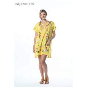 Classique Style Mexicain Floral Brodé 100% Coton Tunique Délicate Col En V Robe D'été Belle Manches Ouvertes Dentelle Lavable - Product Image 1