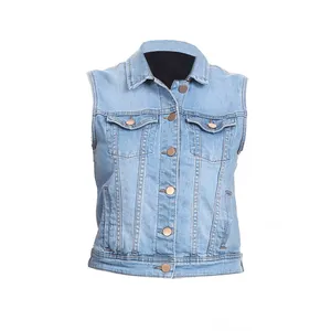 Best manufactured light washed sky blue denim vest with patched pockets, collared bikers denim vest for ladies, Prime Protection