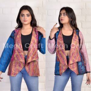 Indian Kantha Handwork Plus Size Reversible Cotton Shrug-Chaqueta con forro de seda de retazos transpirable ecológica - Product Image 3