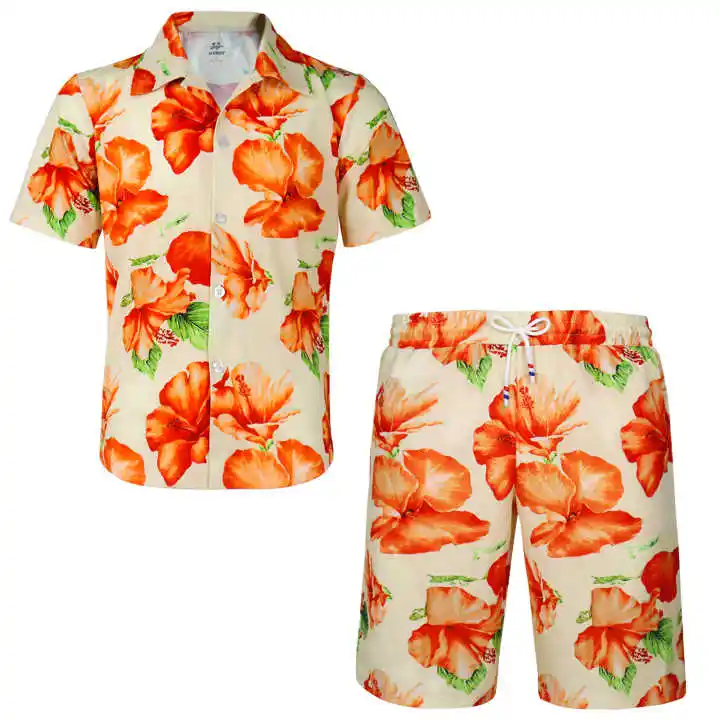 Toptan yaz plaj giyim % 100% Polyester baskılı kaktüs Hawaiian Aloha gömlek takım elbise erkek/kadın