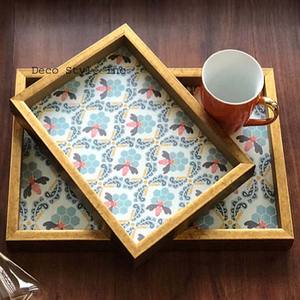 Bandeja MDF impresa Digital dorada y azul, Juego de 2 bandejas mdf estampadas con esmalte - Product Image 1