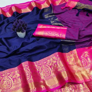 Estetik Saree saf merserize pamuk ipek Shari eşleştirme bluz ile kontrast Pallu Tressal shari kraliyet ihracat
