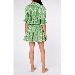 2021 Cảm Giác Nữ Tính Pintuck Chi Tiết Snug Hips Cotton Phụ Nữ Blouson Váy Màu Xanh Lá Cây Nhỏ Hoa Boho Chic Zig Zag Hem Cổ Điển Áo Dài - Product Image 3