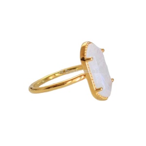 Minimalist Stacker Gemstone <b>Moonstone</b> <b>Ring</b> Stackable Gold Prong with Rhodium Plating for Wedding or Party - Product Image 1