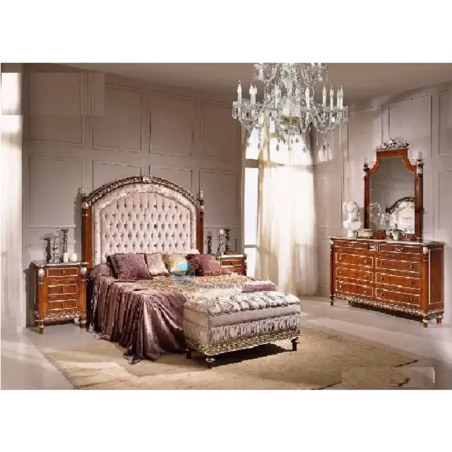 Modern kahverengi kaplama yatak odası mobilya Set geleneksel hint tarzı yatak odası mobilya Set yüksek başlık rahat yatak odası takımı