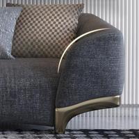 Canapé gris rembourré en tissu texturé avec accoudoirs incurvés et pieds dorés pour salon moderne, vente en gros, directement de l'usine