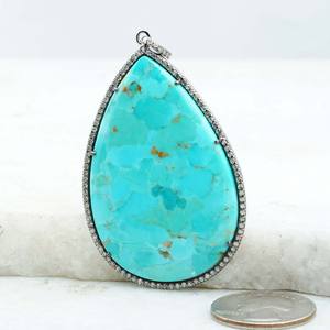 Gema turquesa en forma de gota, colgante de diseñador de diamantes de pavé de plata 925 oxidado, joyería al por mayor - Product Image 4