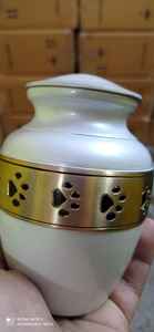 BRASS WHITE WITH GOLDEN PET PAW ENGRAVED CREMATION URN <b>FUNERAL</b> <b>SUPPLIES</b> Brassworld India - Product Image 5