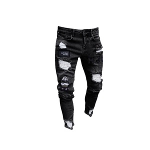 Yama Denim kot pantolon yırtık yüksek sokak Hip sıcak erkek kot pantolon baskı yeni erkek çocuk maymun gündelik miktar pamuk Spandex cep solmaya