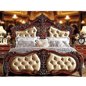 Royal Baroque Wooden Carved Bed With Nightstands European Teak Wood Bed in Brown Finish Latest Queen Size Hand Carved Bed - Product Image 1