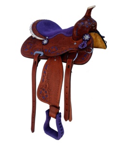 Selle de cheval en cuir Western baril usiné à fleurs violettes avec siège rembourré en daim Rênes et fabricants de colliers de poitrine - Product Image 3