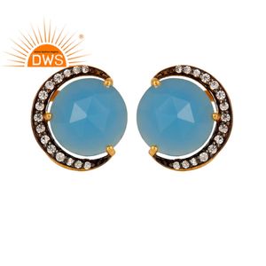 อควาสีฟ้า Chalcedony และสีขาวเพทายพลอยสตั๊ดต่างหูผู้ผลิต18พันชุบทอง925เครื่องประดับเงินผู้ค้าส่ง - Product Image 1