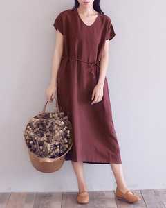 Vestido largo de lino para mujer, con cuello redondo, manga corta, de tela crepé, diseño moderno y a la moda, novedad de 2026 - Product Image 3