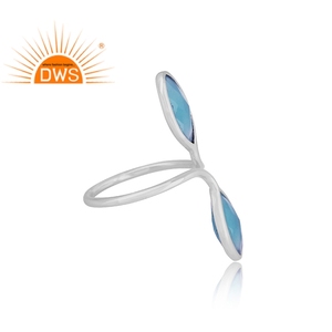 Anillo de Plata de Ley con Engaste de Calcedonia Azul Natural, Anillo Doble con Piedras Preciosas para Mujer, Joyería para Boda - Product Image 2