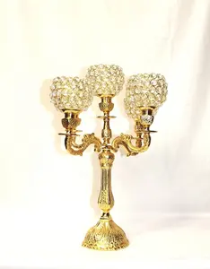 Wholesale Candelabra Votive Holder For Ramadan Decorative 5 Arms Golden Candle Holder with Crystal Votive At Available Price