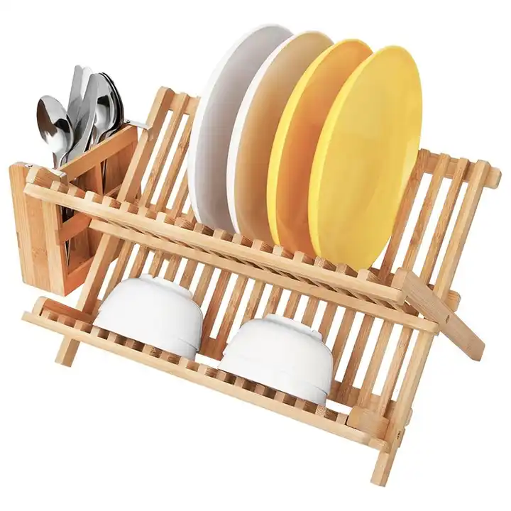 HBlife Dish Rack, Bamboo Folding 2-Tier Collapsible Drainer Dish Drying  Rack with Utensils Flatware Holder Set (Dish Rack with Utensil Holder)