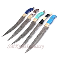 Couteaux SM 5 pièces, personnalisés, forgés à la main, en acier Damas plié, pour filetage et pêche, ambidextres, finition polie miroir, compatibles lave-vaisselle
