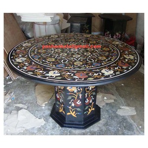 Base de mesa de mármol negro con incrustaciones redondas únicas, venta al por mayor de India - Product Image 1