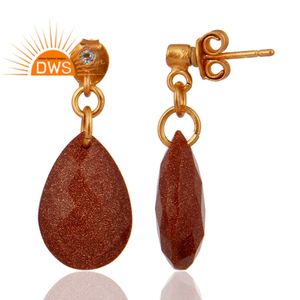 Boucles d'oreilles en pierre de soleil en forme de poire, plaquées or, argent sterling, boucles d'oreilles pendantes, bijoux en gros, collection classique - Product Image 2