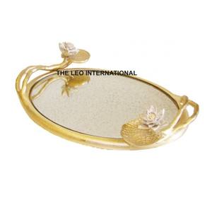 Bandeja de metal para servir, de lujo, redonda, flor dorada - Product Image 6