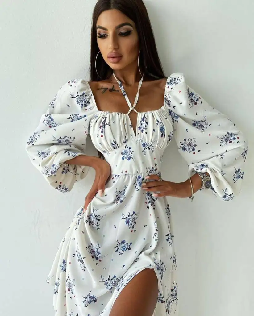 Yeni sezon kadın elbise yaz 2022 çiçek baskı Boho plaj elbise fırfır kısa kollu Mini elbise Wrap Sundress Paris Milano