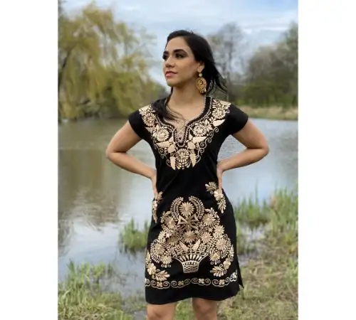 2021 Classic Retro Style Boho Embroidered Dress Women Summer Cotton Womens Casual Embroidered Women Beach Wear Mexican Dress