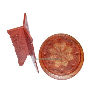 Best Quality Wooden <b>Folding</b> Side <b>Table</b> <b>Round</b> End <b>Table</b> in Circular Shape With Brass Inlay & Hand Crafted Design for Home - Product Image 1