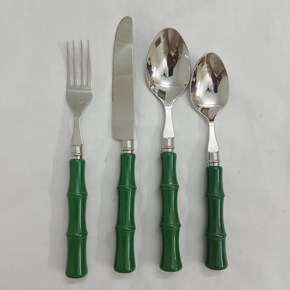 Unique stainless steel cutlery set Bamboo Design Resin Handle Green Stainless Steel Cutlery Set Mirror Polished