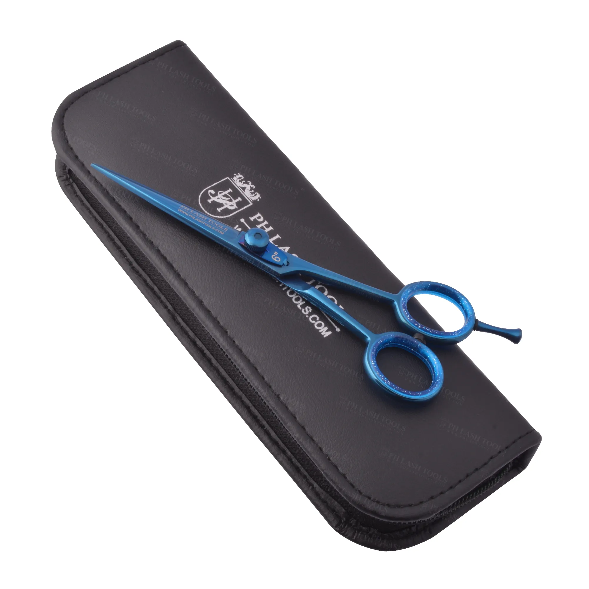 Tesoura de barbeiro azul de aço inoxidável, com capa de couro pu preta, recém chegado, corte de cabelo e estilização, tesoura para barbeiro