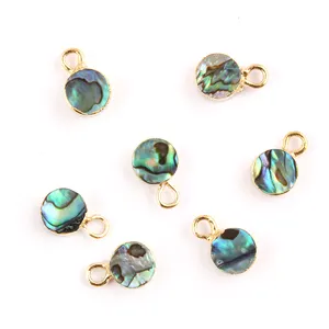 Natural Abalone Shell Round Shape Connectors Round Slab Slice Tiny Charms Gold Plated Pendant Connector