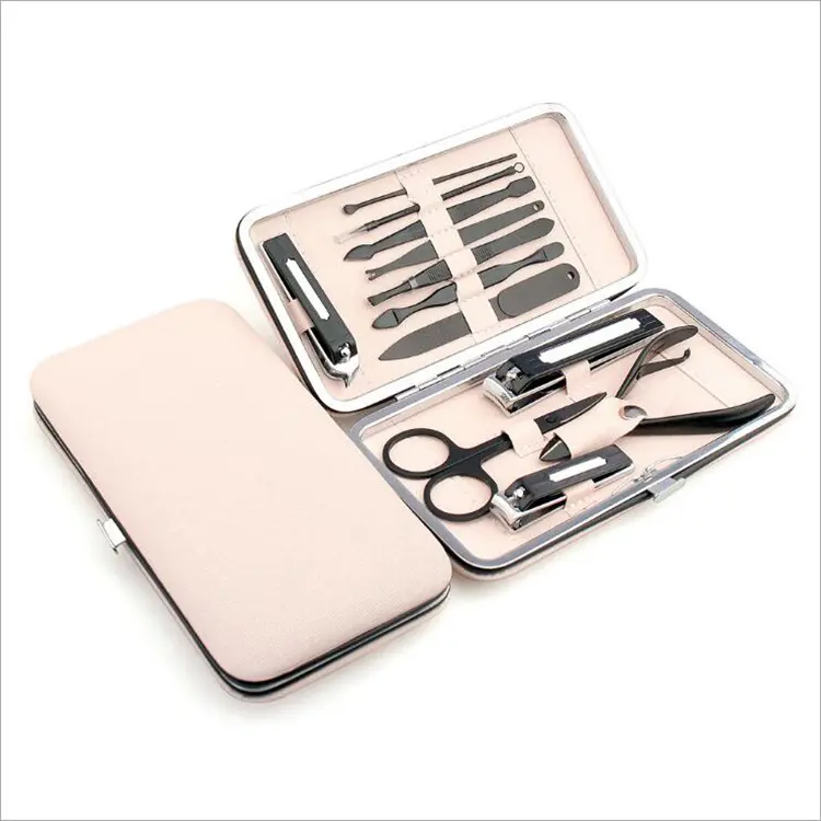 Маникюрный набор из 12 предметов, машинка для стрижки ногтей для мужчин и женщин в розовом чехле из полиуретана