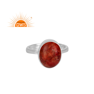 925 Sterling Fine Silver Women's <b>Dainty</b> <b>Ring</b> Jewelry Supplier Oval Shape Natural Sponge Coral Gemstone Bezel Setting <b>Ring</b> - Product Image 1