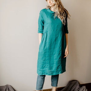 Nouvelle arrivée, robe en lin mi-longue à col rabattu et manches courtes, tendance, dernier design, couleur menthe, tissu crêpe - Product Image 2