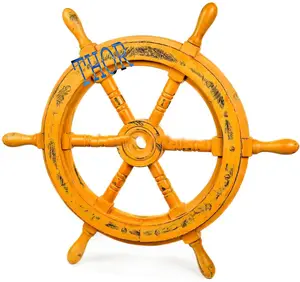 木制船轮手工制作黄色船轮收藏品24英寸