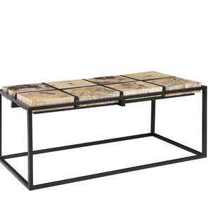 Muebles de estilo antiguo Mesa de centro de bloque de madera maciza con base de hierro - Product Image 1