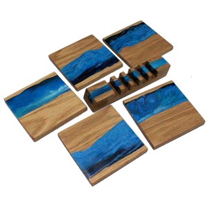 Posavasos de resina azul con soporte, posavasos de resina de cristal único personalizado, para uso doméstico y hotel, 5 unidades - Product Image 2