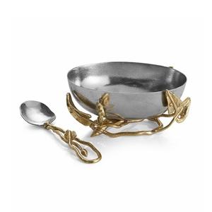 Aluminium Dessert Bowl With Brass Stand And Spoon Silver And <b>Gold</b> <b>Color</b> Round Shape <b>Food</b> Serving Bowl For Sale - Product Image 1