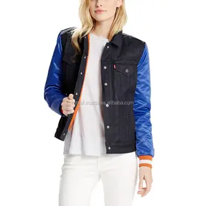 2020 women short denim jean varsity jacket mswdvj05 with warm lining and royal blue leather sleeves