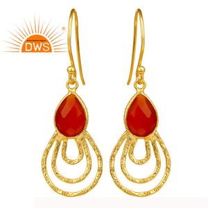 14พันชุบทอง925เงินสเตอร์ลิงต่างหูเครื่องประดับผู้ค้าส่งสีแดงธรรมชาติพลอยนิลค้อนลดลงห้อยเครื่องประดับ - Product Image 1