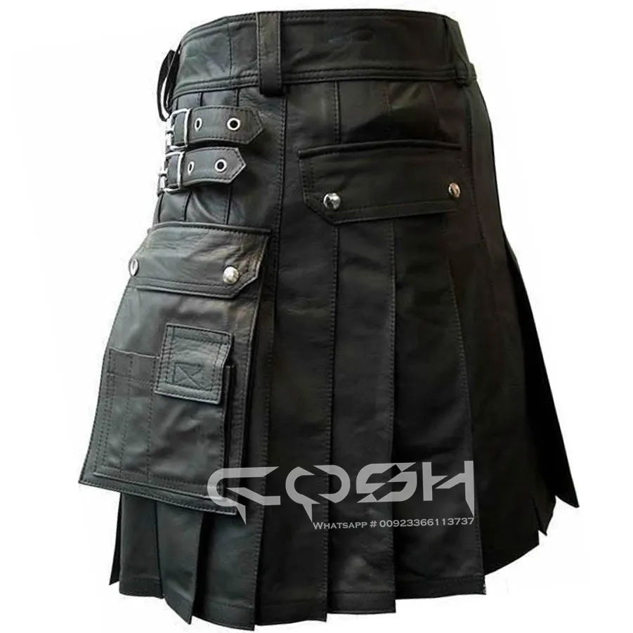 Kilt en cuir noir classique pour hommes avec taille réglable et fermeture à pression robuste parfait pour les vêtements décontractés et les occasions spéciales