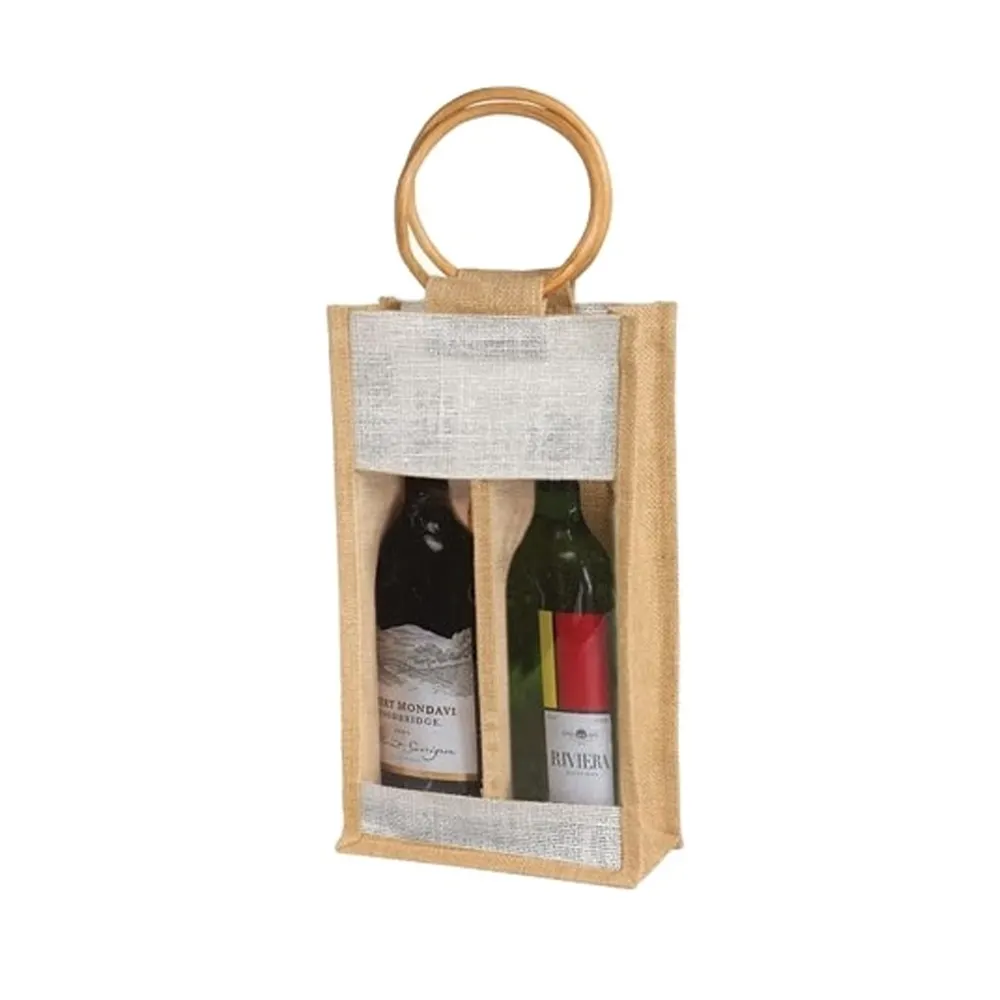 Customized Jute Wine Tote Bag 2 Bottles Jute Wine Bag With Transparent PVC For Sale