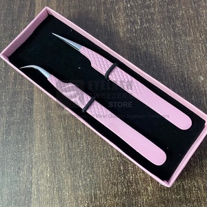 Pince à épiler professionnelle d'extension de cils rose clair poignée en diamant durable cils incurvés droits en acier inoxydable pointus privé - Product Image 3