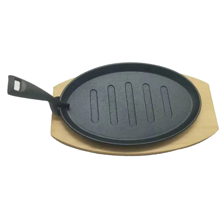 Gusseisen pfanne Brutzelnde Steak platte Bratpfanne Ovale Form mit hitze beständigem Holz sockel