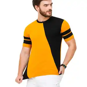 2023 인쇄 로고 사용자 정의 트렌드 면 스판덱스 T 셔츠 남성용 옐로우 컬러 블록 디자인 T 셔츠