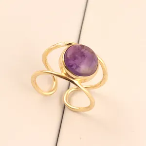 Cincin batu permata kecubung bulat besar cincin koktail cabochon band ganda desainer Februari cincin soliter batu kelahiran