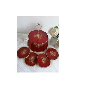 Best Quality Resin Birthday Cake Stand modern resin red color with coaster gold rim resin cake stand at low price