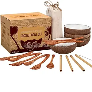 THANHCONGCRAFT Amazon Coconut bowl Cutlery Bamboo Straw Set in Kraft Box