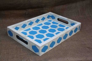 Plateau de service rectangulaire de haute qualité, fait à la main, avec motif hexagonal, incrustation d'os naturel, base en bois, pour hôtel, restaurant, qualité - Product Image 5