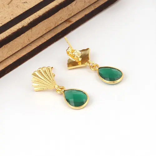 Boucles d'oreilles en onyx vert, design en forme de perle, style vintage, couronne, plaqué or/argent, goutte