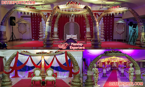 Mughal ชุดรูปแบบ Jodha Akbar,ชุด Mandbar งานแต่งงานสไตล์ Royal Haveli Mandap สีทองแบบดั้งเดิมสำหรับงานแต่งงานโมกุล